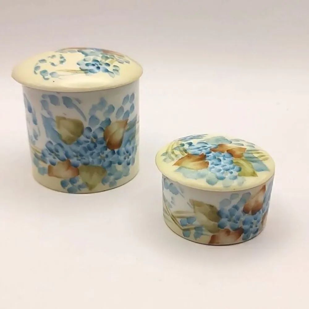 Nippon Set of 2 Vintage Hand Painted Small Vanity Lidded Dresser Jars